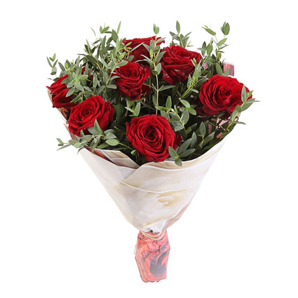 Цветы: Букет из 7 красных роз с зеленью